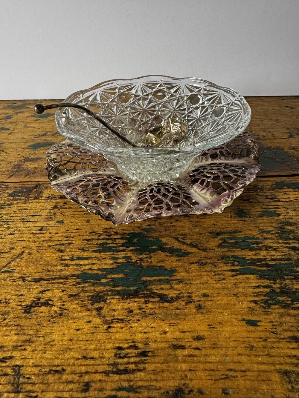 Clear Pressed Glass Serving Bowl with Silver-tone Underplate and Spoon
